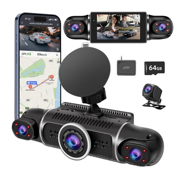 360 Dash Cam Front and Rear View 4 Channel Dash Camera FHD 2K+1080Px3 for Car, Inside/Back 170+2x150+170 Wide Angle, 8 IR Lamps Night Vision,WiFi,GPS, APP,G-Sensor with 64GB Card,24/7 Parking Mod