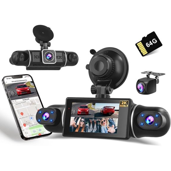 360? Dash Cam Front and Rear View 4 Dash Camera FHD +1080Px3 for , Inside/ 170?+2x150?+170? Wide Angle, 8 IR Lamps Night Vision, GPS, APP, G-Sensor with 64GB Card,24/7 Parking Mode