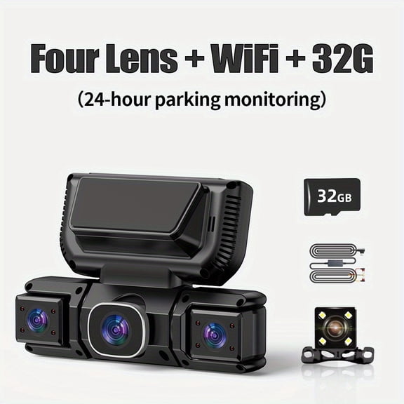 360° Dash Cam USA | 4 Channel Front/Rear/Left/Right Recording, Night Vision, 3.16" IPS Screen With WiFi, G-Sensor, Parking Mode, Video Capture, 32GB Card
