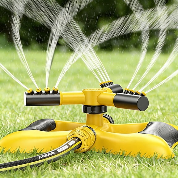 360 Degree Automatic Rotating Garden Sprinkler with Ground Spike | 3 Spray Pattern Adjustments | 1/2 Inch Thread | Yellow Plastic for Lawns & Gardens | 1 Pack