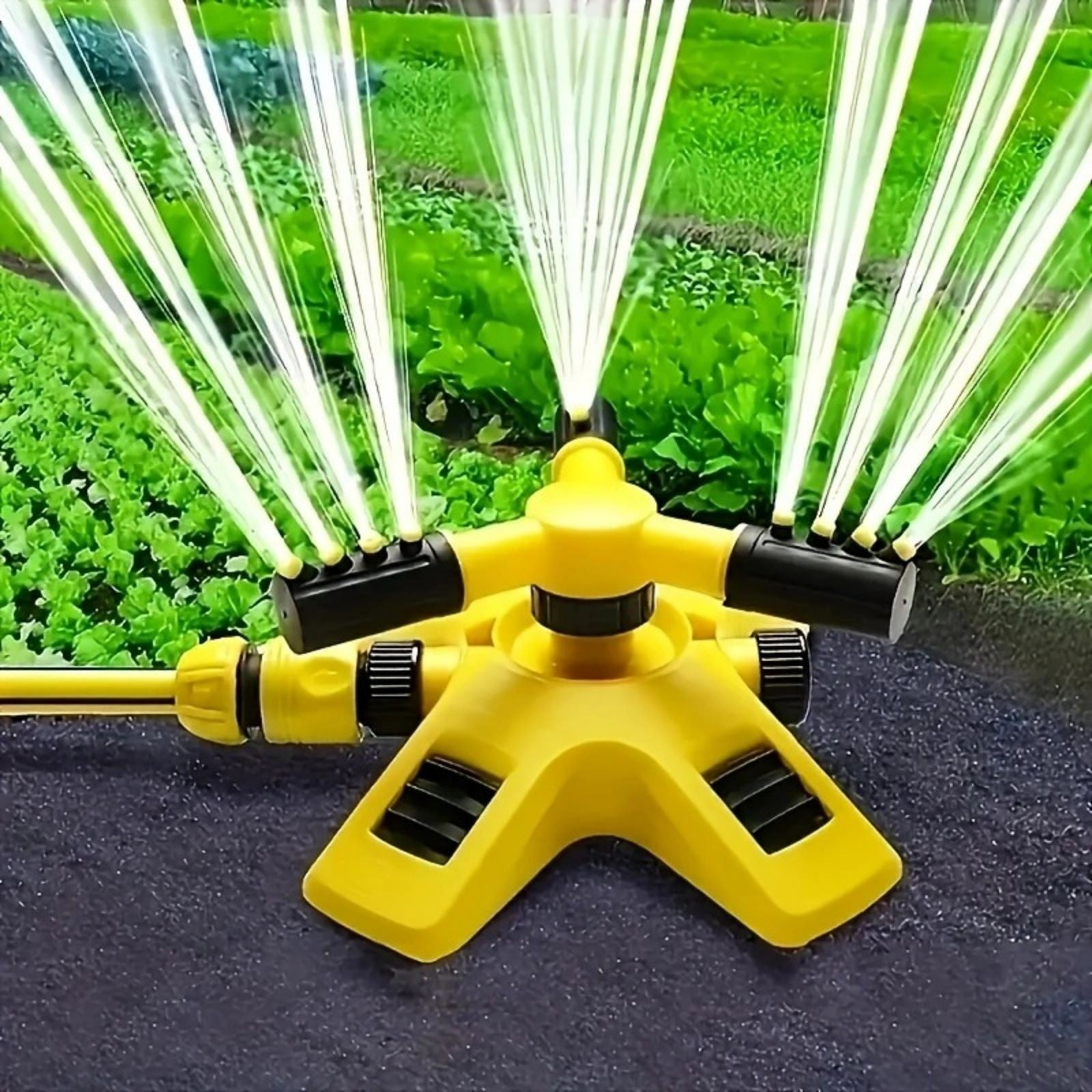 360 Degree Automatic Rotating Sprinkler - 3-Head Garden Watering System for Lawns, Flower Beds & Plant Irrigation with Full Coverage & Water-Saving Design