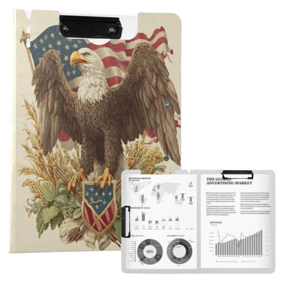 360 Degree Foldable Clipboard A4 Binder Clipboards with 2 Black Metal Clips Bald Eagle Motif