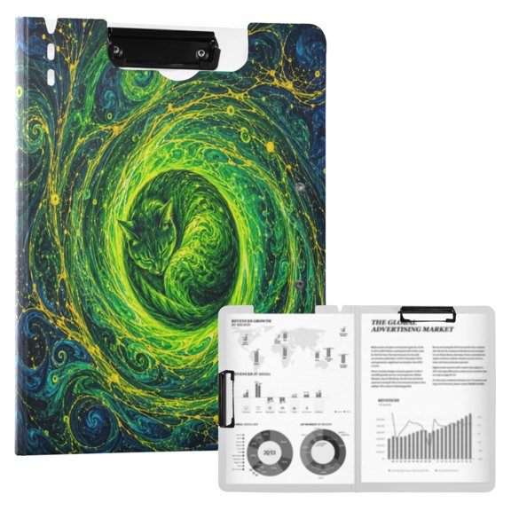 360 Degree Foldable Clipboard A4 Binder Clipboards with 2 Black Metal Clips Fluorescent Green Spiral Vortex