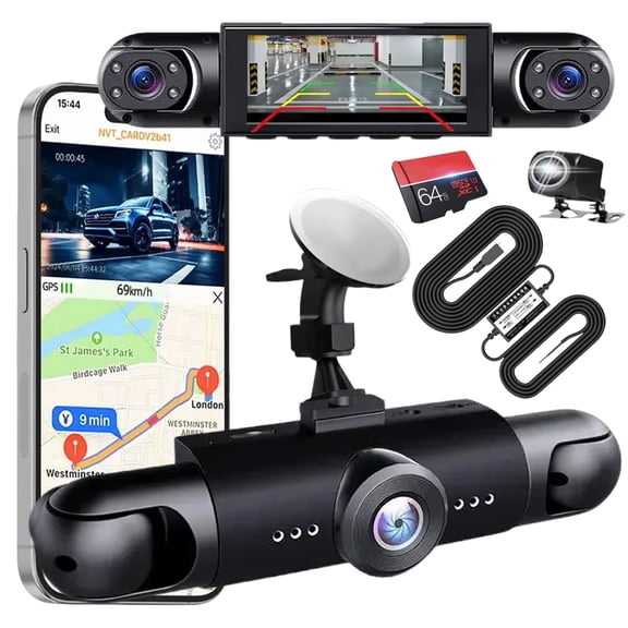 360 Degree Full View Car Dashcam System, View 4 Channel Dash Cam Front and Rear Inside Left Right with 64GB Card, Night Vision, G-Sensor, Loop Recording/24-Hour Parking Monitoring