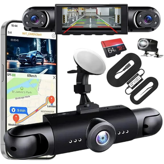 360 Degree Full View Car Dashcam System, View 4 Channel Dash Cam Front and Rear Inside Left Right with 64GB Card, Night Vision, G-Sensor, Loop Recording/24-Hour Parking Monitoring(1set)