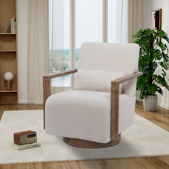 360 Degree Modern Swivel Accent Upholstered Chair with 1 Pillow, Wooden Arm and Base for Living Room, Bedroom, Office, Nursery Room, Beige