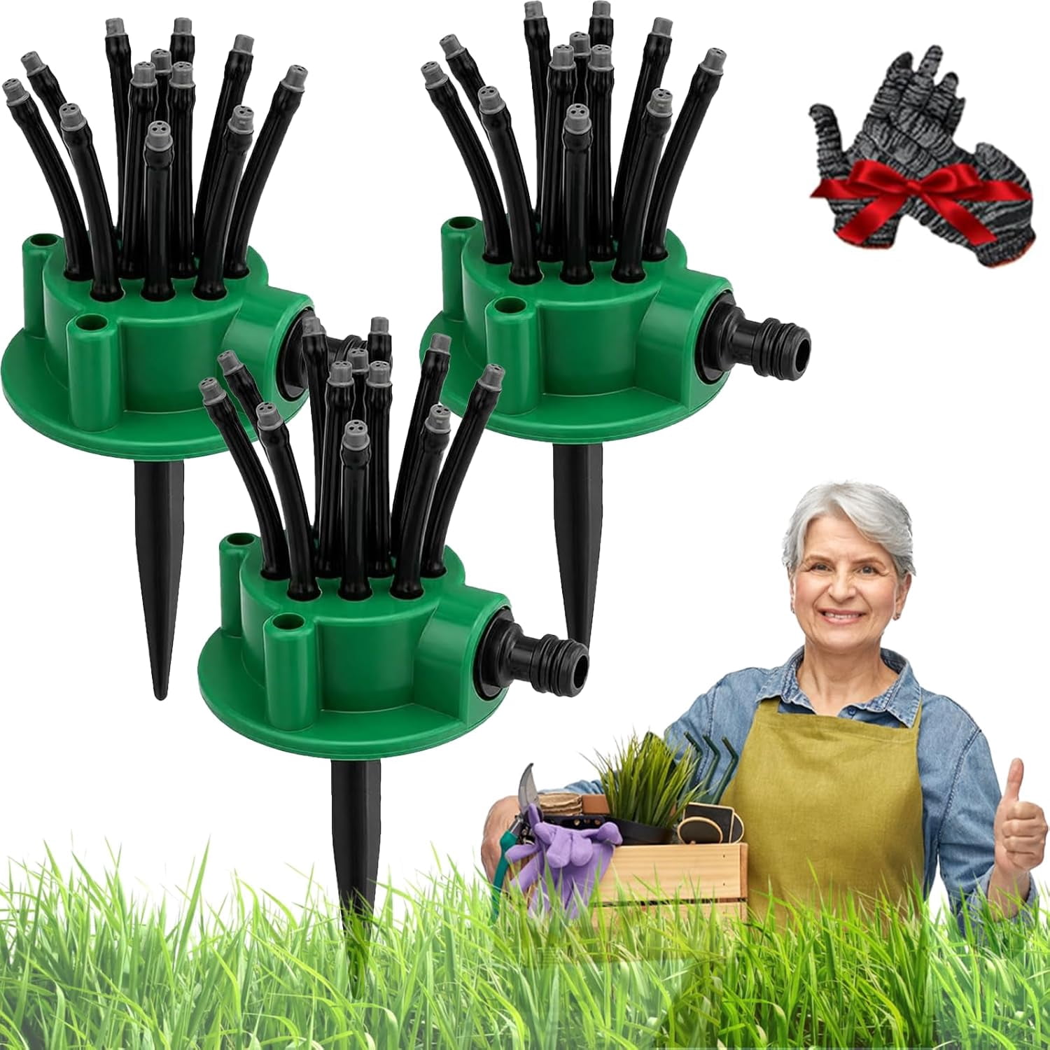 360° Degree Multi-Directional Lawn Sprinkler, Adjustable Garden Irrigation Sprinkler with 12 Flexible Spray Nozzles and Rotating Multi-Arm Head for Yard, Grass, Flower Beds and Roof Cooling (3PC)