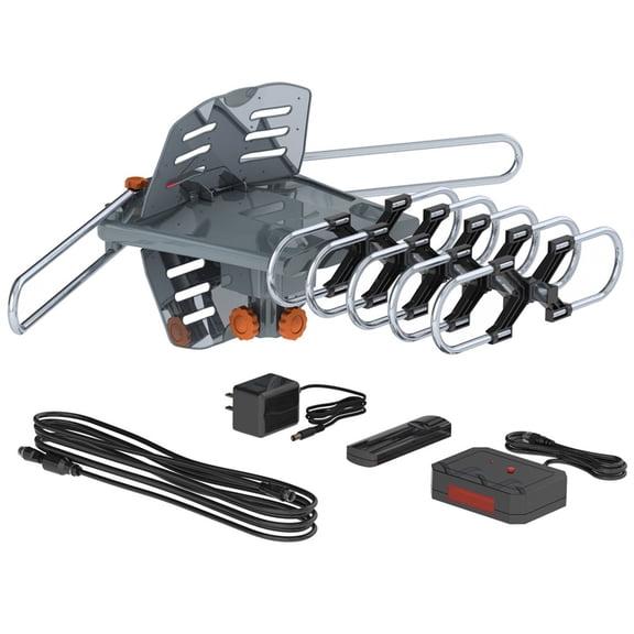 360 Degree Outdoor TV Antenna 28-36dB High Gain 150 Miles Range VHF UHF Dual Band HDTV Digital Signal Reception US Plug Weather Resistant Remote Control 10M Cable Included Heavy Duty Steel Pro