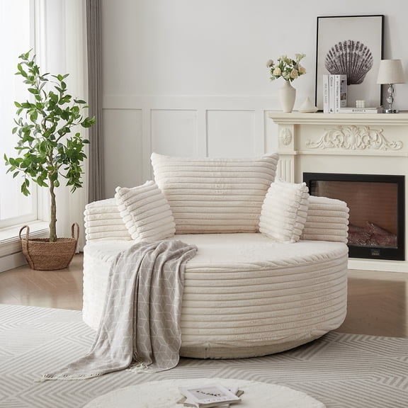 360-Degree Oversized Swivel Chair, Modern Round Circle Corduroy Comfy Deep Seat Swivel Accent Chaise Lounge Sofa Chair with Back Cushion for Living Room Bedroom Office, Beige