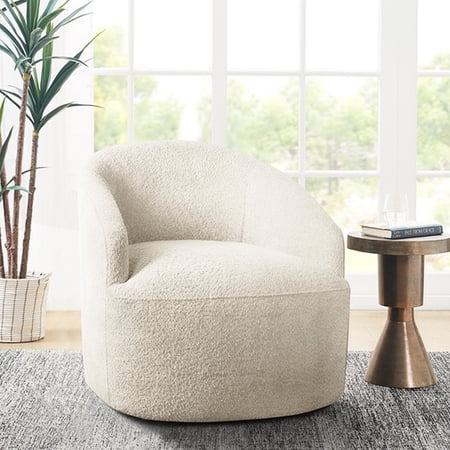 360 Degree Rotatable Cream Armchair, Sloped And Metal Base Arms For Enhanced Comfort