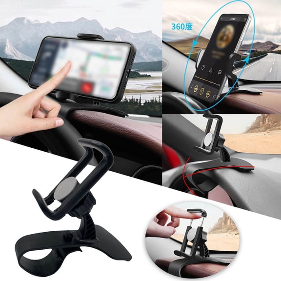360 Degree Rotatable Dashboard Clip-On Car Phone Mount,Sturdy ABS Spring Clamp Universal Smartphone Holder Design,Auto Dash Visor Rearview Mirror Hands-Free Navigation Bracket 4.7"Tall