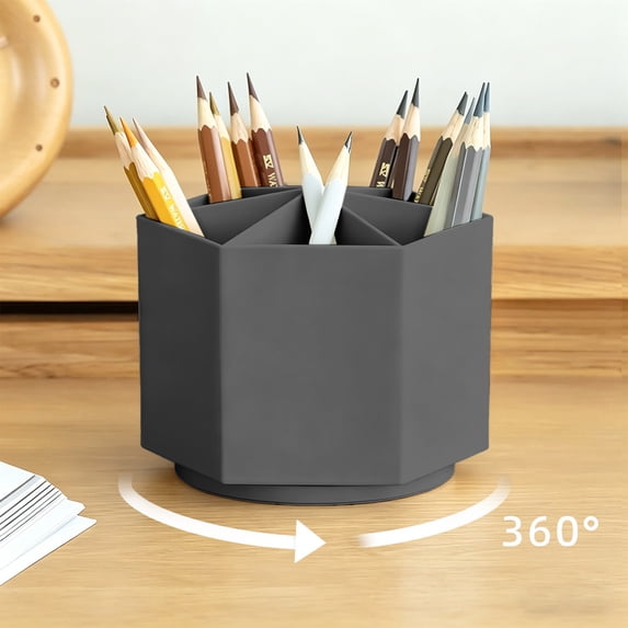 360 Degree Rotating 6-grid Pen Holder Thick Plastic Large Capacity Classification Stationery Storage Box For Study Working Desk Use(Brown)