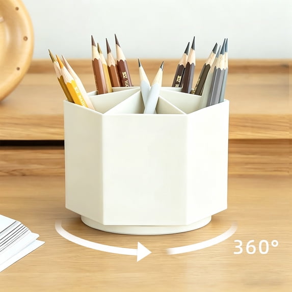 360 Degree Rotating 6-grid Pen Holder Thick Plastic Large Capacity Classification Stationery Storage Box For Study Working Desk Use(White)