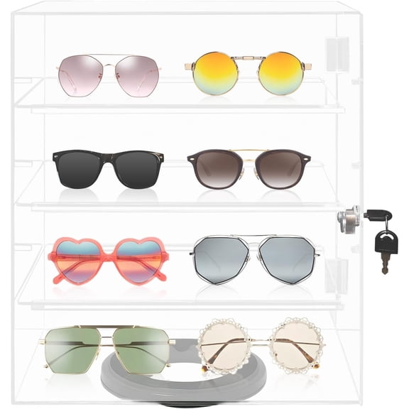 360-Degree Rotating Acrylic Eyewear Showcase with Key Lock, 4 Tier Acrylic Display Case for Sunglasses, Jewelry and Collectibles Display, Flat Panel