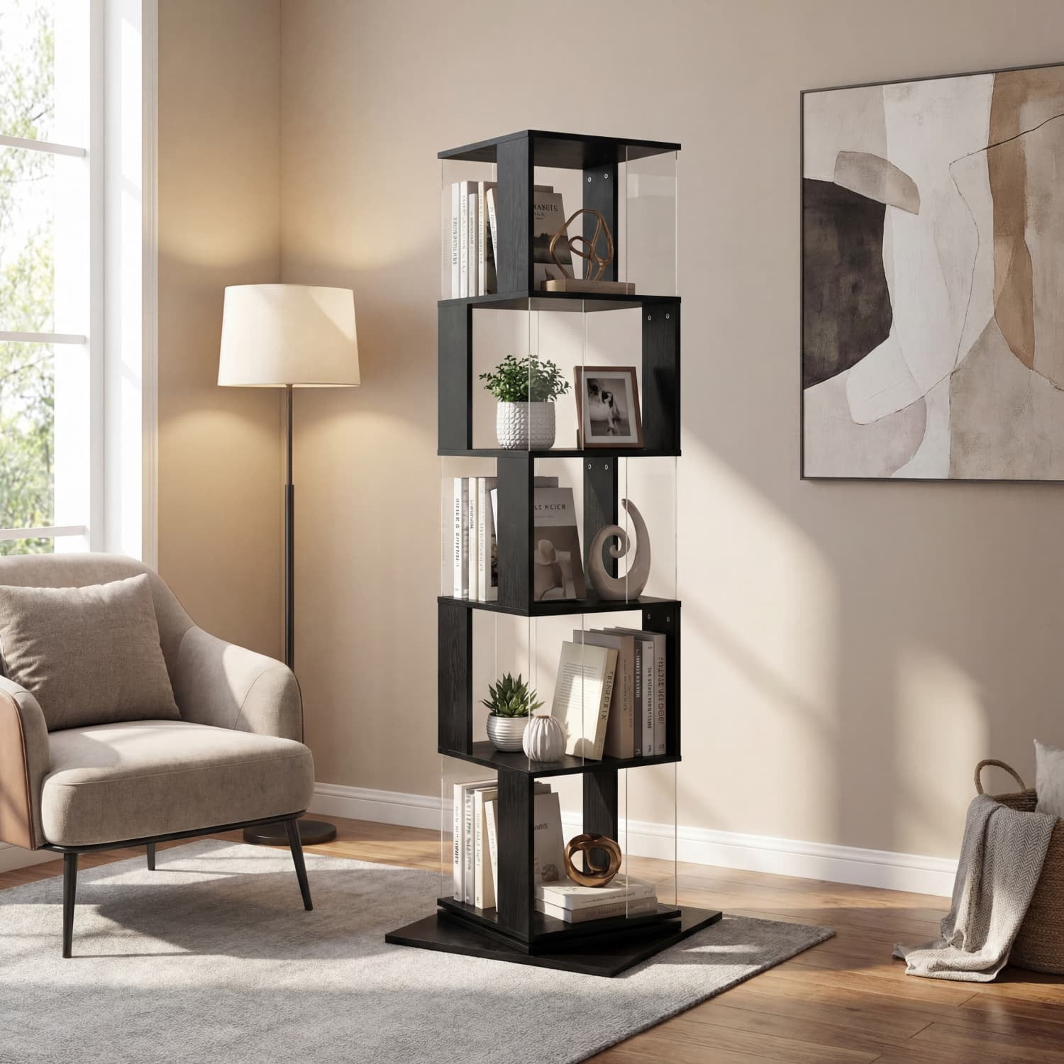 360-Degree Rotating Bookshelf with Wood Veneer & Clear Acrylic Panels, Large Capacity Space-Saving Storage Rack with Anti-Toppling Base for Books Decor Albums Living Room Office