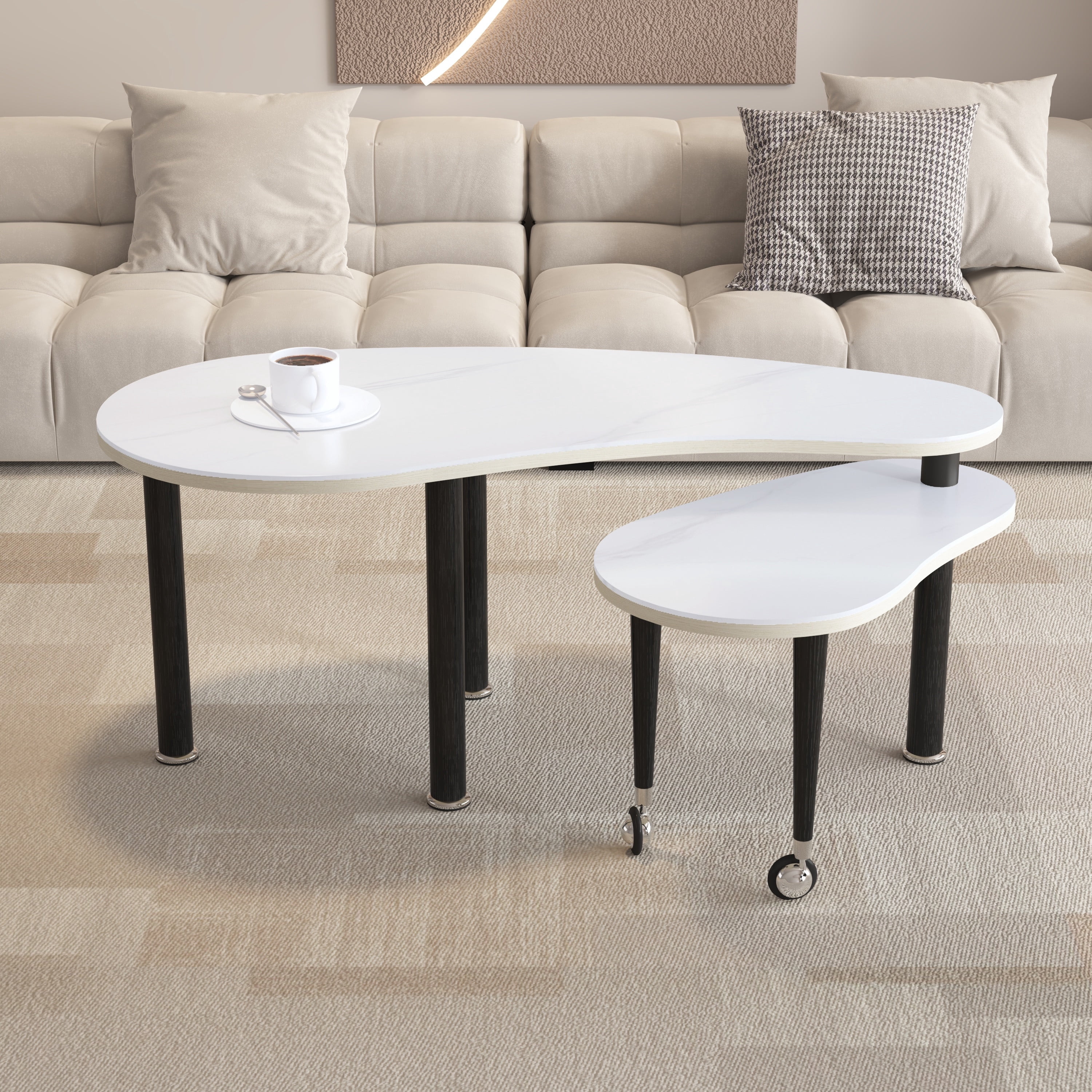Rotating Modern Table 360-Degree Rotating Coffee Table with White Sintered Stone Top & Nested ...