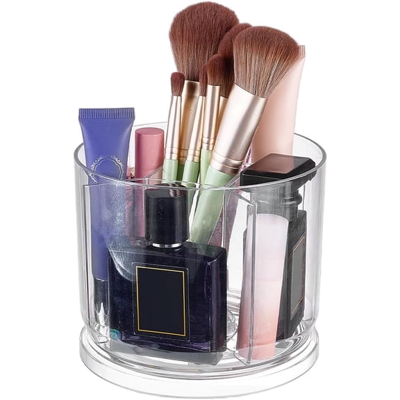 360 Degree Rotating Desk Organizer Clear Rotating Column Holder 5 Compartment Plastic Storage for Office Desk Stationery Cosmetics