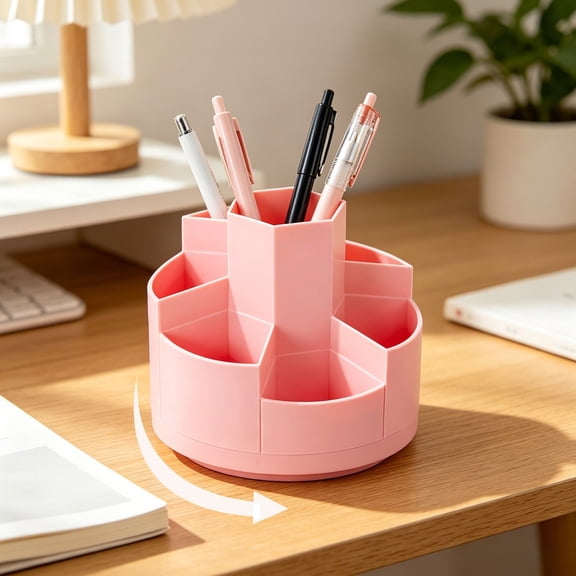 360 Degree Rotating Desk Pen Organizer 4.92x4.92x4.72In, Tiered Divided Compartment Large Capacity Easy Access Anti Drop Build, Desktop Caddy for Office Makeup Brush Supply Classification Storage