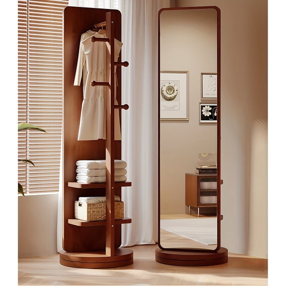 360-Degree Rotating Full-Length Floor Mirror with Coat Rack and Hidden Storage Compartment, Heavy-Duty Standing Mirror with Sturdy Base for Bedroom or Entryway