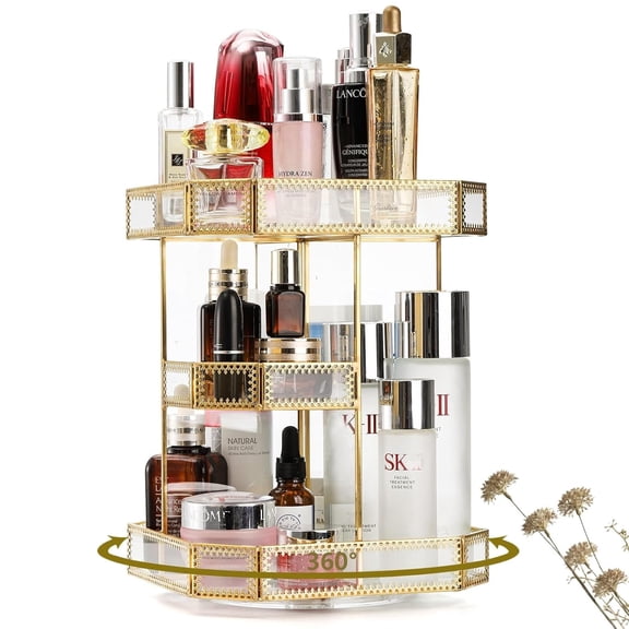 360 Degree Rotating Glass Makeup Organizer, Large Cosmetics Storage Display Holder with Gold Trim for Vanity, Clear Makeup Carousel for Perfume, Cosmetics, Brushes, Lotion, Lipsticks