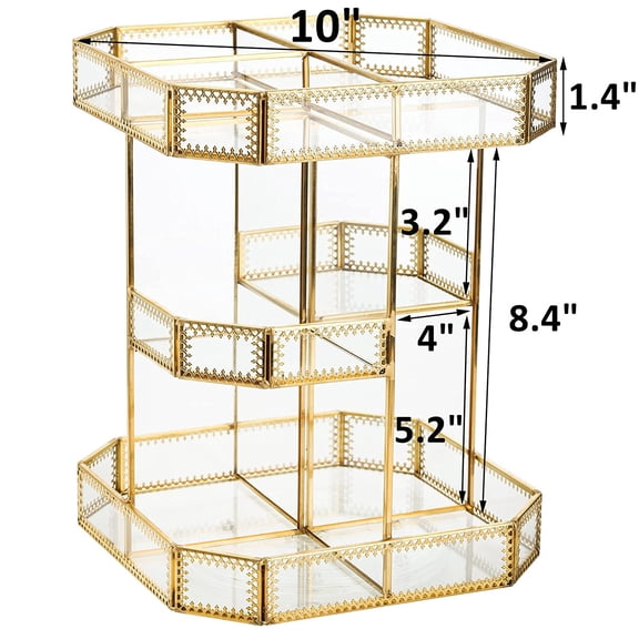 360 Degree Rotating Glass Makeup Organizer with Gold Trim, Large Cosmetic Storage Carousel for Vanity