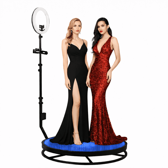 360-Degree Rotating Glass Photo Booth with Selfie Fill Light & 31.5-Inch Auto Rotating Video Platform for Weddings, Parties, Birthdays, and Holiday Celebrations