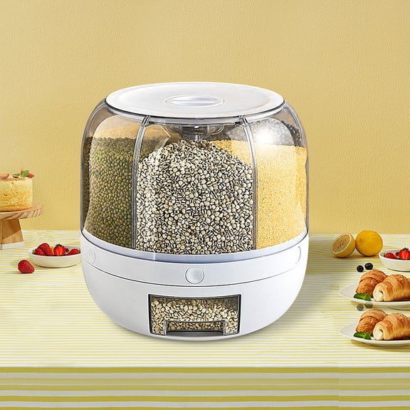 360-Degree Rotating Grain Dispenser with 6 Compartments,Moisture-Proof Insect-Proof, Graduated Measuring Cup, Easy to Clean (Clear/White)