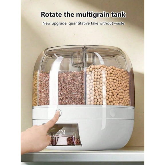 360-Degree Rotating Grain Storage Dispenser - 6-Grid Divided Rice Bucket and Dry Food Container with One-Click Output for Kitchen Pantries