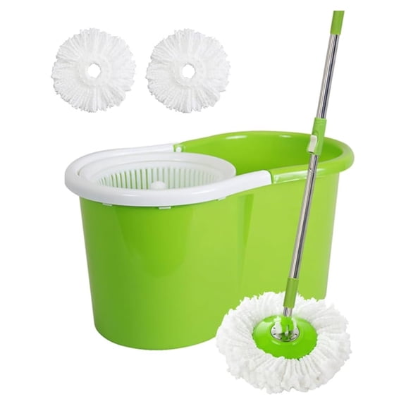 360 Degree Rotating Head Easy Spin Dry Floor Mop Bucket + 2X Head Microfiber Spinning