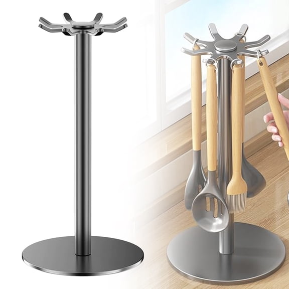 360 Degree Rotating Kitchen Utensil Holder, 5.51X4.13X15.94" Countertop Utensil Rack, Hanging Hook Cookware Organizer, Gadget Storage Stand, Multipurpose Tabletop Holder for Spoons, Spatulas, Whisks