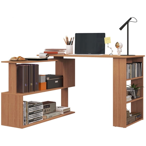 360 Degree Rotating L Shaped Corner Computer Desk with Storage Shelves Home Office Writing Workstation in Teak