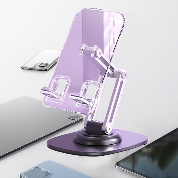 360 Degree Rotating Phone Stand, Height Adjustable Fully Foldable Cell Phone Holder for Desk, Multi-angle, Non-slip Base, Clear Portable Stand Holder Fits All Phones, iPads, Tablet