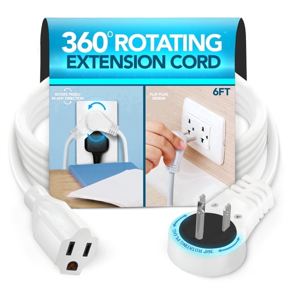 Electery 360 Rotating Flat Wall Plug Indoor Extension Cord, 6 ft, 3 Prong, White