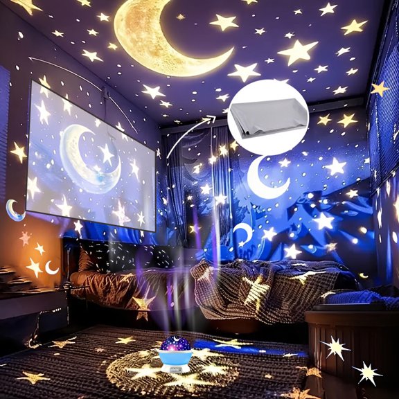 A 360-Degree Rotating Projector That Creates a Starry Night Effect, Featuring a Projection Cloth. This Usb-Powered Lamp Displays a Moon And Stars with a Color-Changing Design