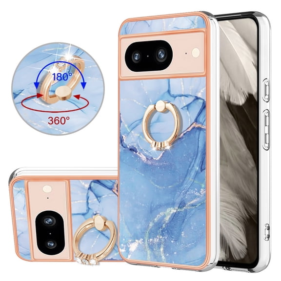 360 Degree Rotating Ring Stand Case for Google Pixel 8,Dteck Shockproof Marble Patterned TPU Case Kickstand Slim Back Cover, Blue