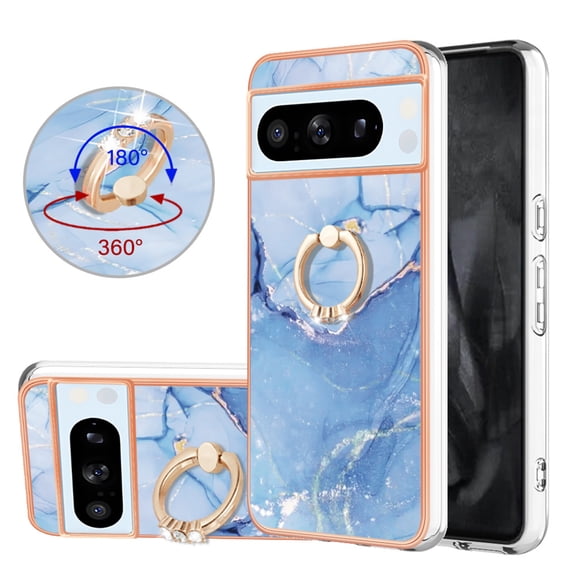 360 Degree Rotating Ring Stand Case for Google Pixel 8 Pro,Dteck Shockproof Marble Patterned TPU Case Kickstand Slim Back Cover, Blue