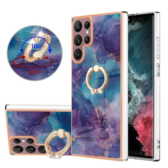 360 Degree Rotating Ring Stand Case for Samsung Galaxy S24 Ultra,Dteck Shockproof Marble Patterned TPU Case Kickstand Slim Back Cover, Purple