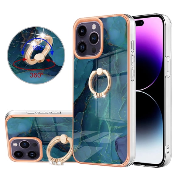 360 Degree Rotating Ring Stand Case for iPhone 12/12 Pro,Dteck Shockproof Marble Patterned TPU Case Kickstand Slim Back Cover, Green