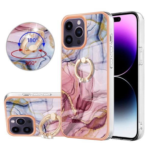 360 Degree Rotating Ring Stand Case for iPhone 12/12 Pro,Dteck Shockproof Marble Patterned TPU Case Kickstand Slim Back Cover, Rose