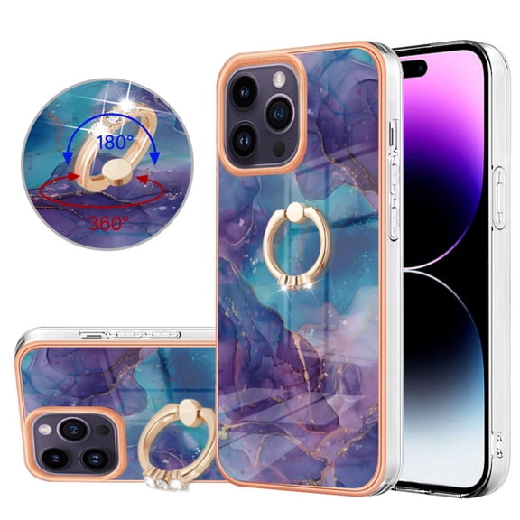 360 Degree Rotating Ring Stand Case for iPhone 13 Pro,Dteck Shockproof Marble Patterned TPU Case Kickstand Slim Back Cover, Purple