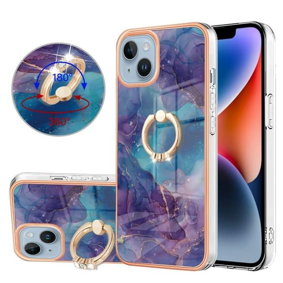 360 Degree Rotating Ring Stand Case for iPhone 14 Plus,Dteck Shockproof Marble Patterned TPU Case Kickstand Slim Back Cover, Purple