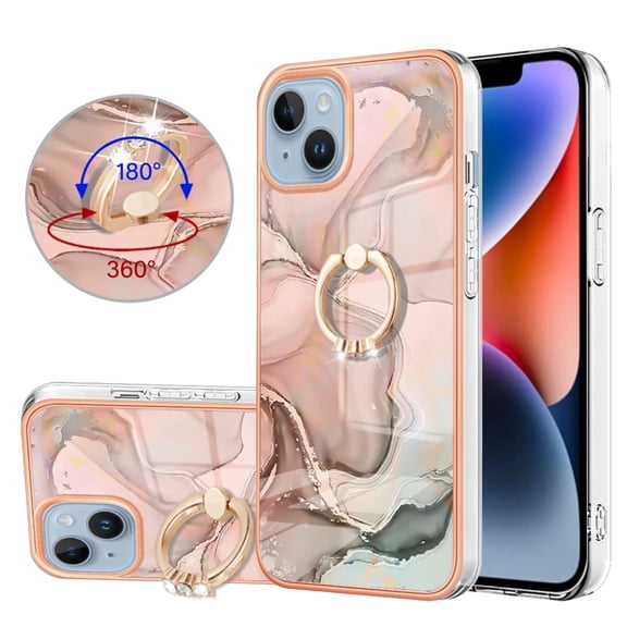 360 Degree Rotating Ring Stand Case for iPhone 15,Dteck Shockproof Marble Patterned TPU Case Kickstand Slim Back Cover, Gold