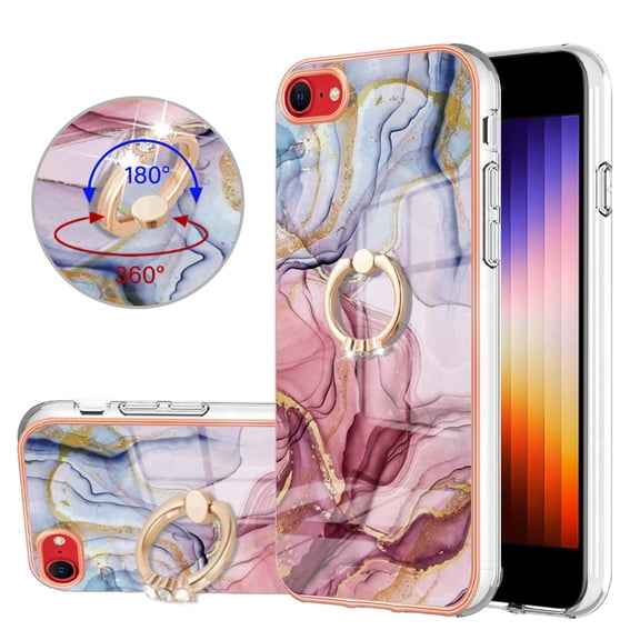 360 Degree Rotating Ring Stand Case for iPhone SE 3rd/2nd Generation /iPhone 7 /iPhone 8,Dteck Shockproof Marble Patterned TPU Case Kickstand Slim Back Cover, Rose
