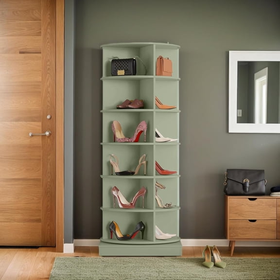 360 Degree Rotating Shoe Rack Tower, Vertical Space-Saving Shoe Storage Organizer Cabinet, Circular Rotating Shelf for Shoes Handbags, Entryway Hallway Use, Green