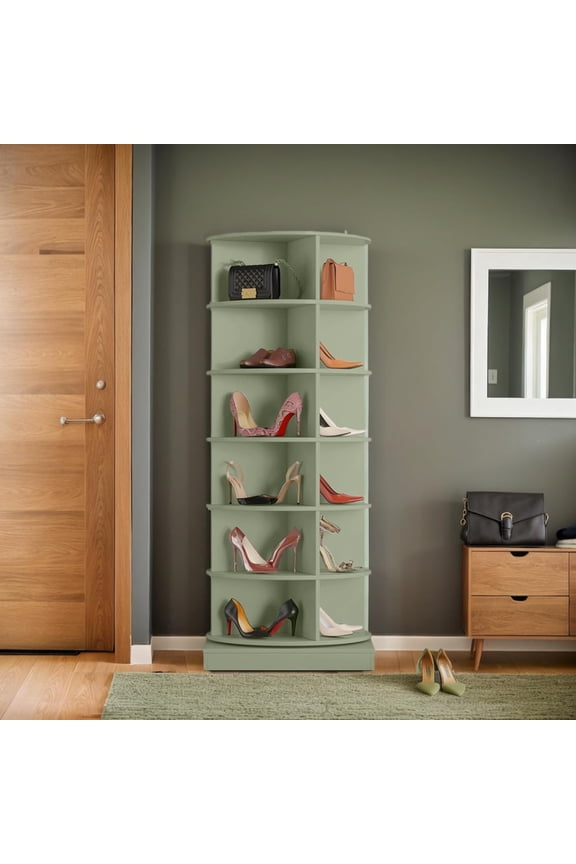 360 Degree Rotating Shoe Rack Tower, Vertical Space-Saving Shoe Storage Organizer Cabinet, Circular Rotating Shelf for Shoes Handbags, Entryway Hallway Use, Green