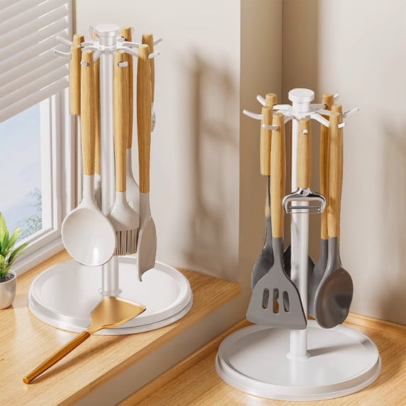 360-Degree Rotating Spatula and Spoon Holder | Kitchen Utensil Organizer with Catch Tray | Countertop Storage Rack for Spatulas, Ladles, and Cooking Tools