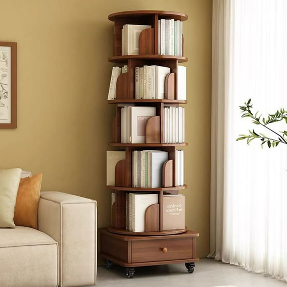 360 Degree Rotating Walnut Brown Small Space Bookshelf, 6 Tier Wood Storage Rack with Wheels for Living Room