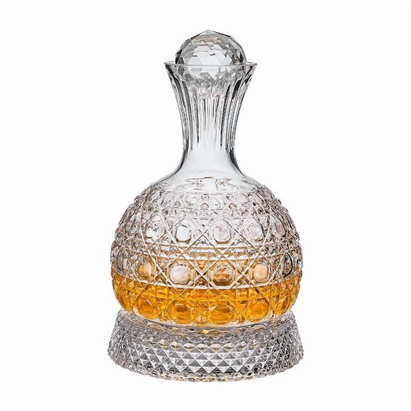 360 Degree Rotating Whiskey Decanter Glass Set Elegant Luxury Engraved Crystal Cut Stunning Luster Built in Metal Pivot Smooth Rim Thickened for Home Bar Party Gift Wine Decanter