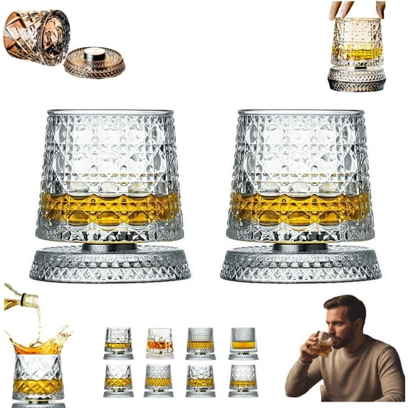 360 Degree Rotating Whiskey Glass, 2 Pack Rotating Crystal Whiskeys Tumbler Glass, Spinning Cocktail Glasses with Stable Decoupled Base, Unique Whiskey Gifts for Men