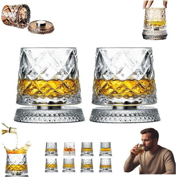 360 Degree Rotating Whiskey Glass, 2 Pack Rotating Crystal Whiskeys Tumbler Glass, Spinning Cocktail Glasses with Stable Decoupled Base, Unique Whiskey Gifts for Men Husband Father